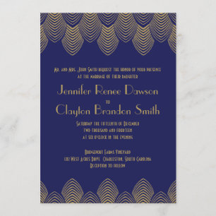 Vintage 20's Art Deco Scallop Navy Gold Wedding Invitation