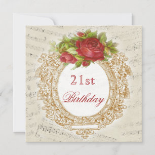 Vintage 21st Birthday Red Rose Frame Music Sheet Invitation