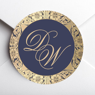 Vintage 2 Initials Monogram Navy Blue Gold Roses  Classic Round Sticker
