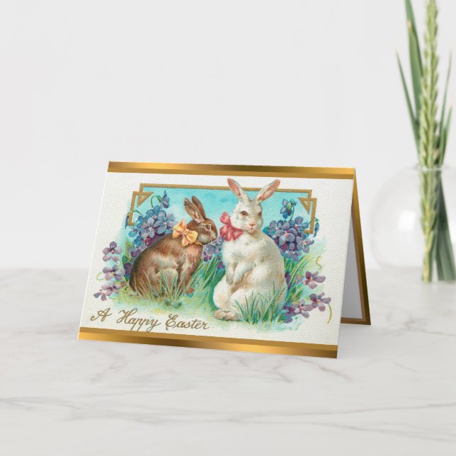 Vintage 2 Rabbits Easter Eggs Holiday Folded Cards (Front)