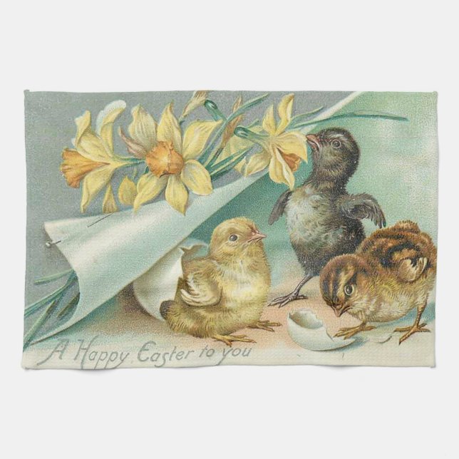 Vintage 3 Chickens Easter Holiday Tea Towel (Horizontal)