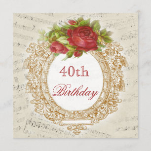 Vintage 40th Birthday Red Rose Frame Music Sheet Invitation