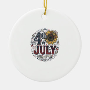 Vintage 4th of July Patriotic Sunflower Shirt Desi Ceramic Tree Decoration