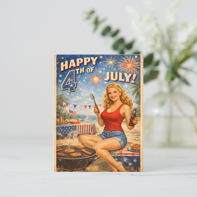 Vintage 4th of July Pin-Up Postcard  (Standing Front)