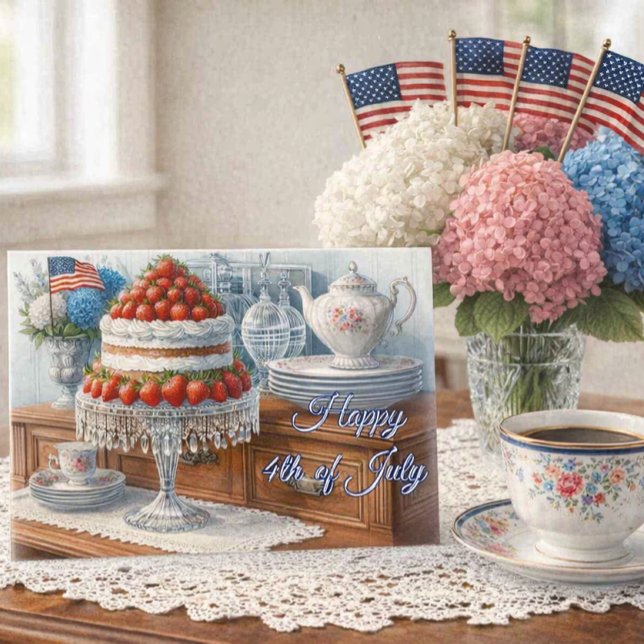 Vintage 4th of July Strawberry Cake Postcard (Elegant Vintage 4th of July Card with Hydrangeas and Flags)