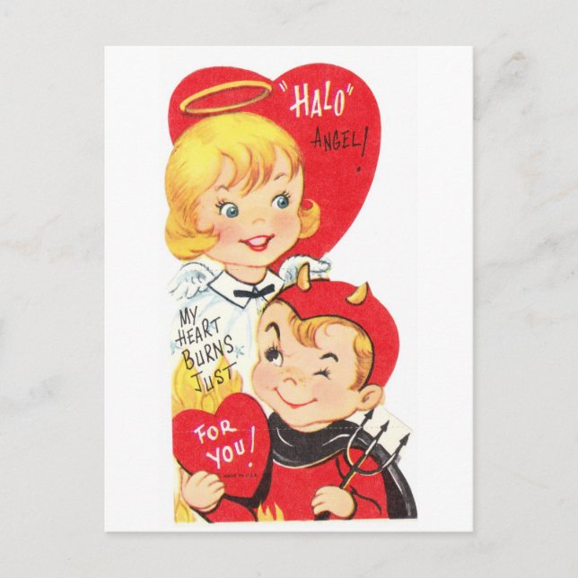 Vintage 50's Devil and Angel Valentine Postcard (Front)