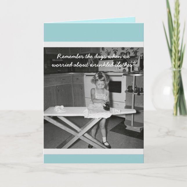 Vintage '50s Girl Ironing Happy Birthday Card (Front)