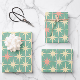 Vintage 50s Retro Stars Pattern Teal Mint & Pink Wrapping Paper Sheet