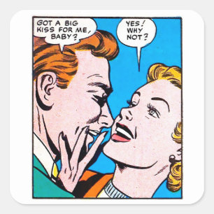 Vintage 50s Romantic Comics Panel Got A Big Kiss Square Sticker