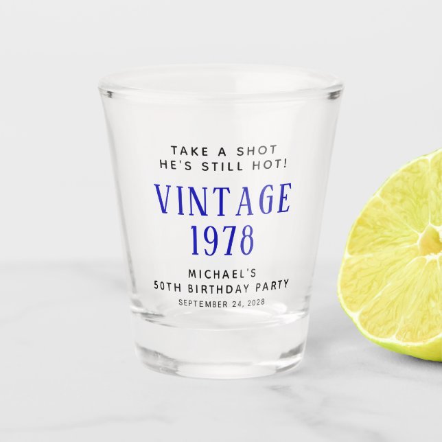 Vintage 50th Birthday Blue Party Favour Shot Glass (Front)