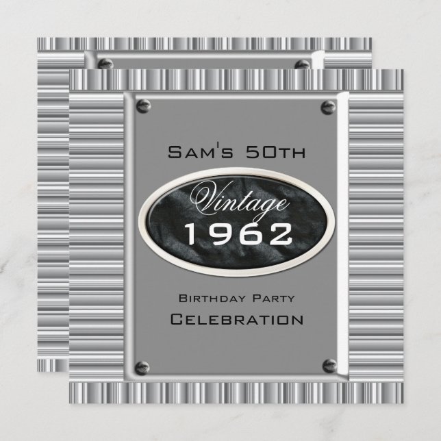 Vintage 50th Silver Black Birthday Party Invitation (Front/Back)