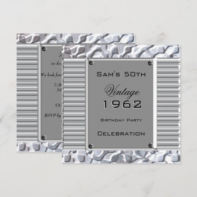 Vintage 50th Silver Metal Look Birthday Party Invitation (Front/Back)
