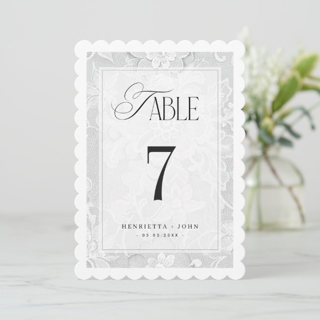 Vintage 5x7 White Lace Wedding Table Number Sign (Standing Front)