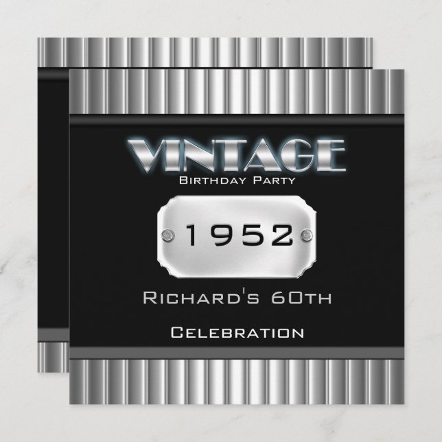 Vintage 60th Silver Chrome Black Birthday Party Invitation (Front/Back)