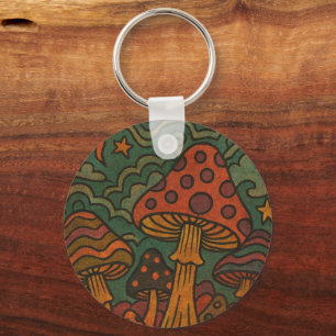 Vintage 70s Psychedelic Mushroom Magic Garden Key Ring