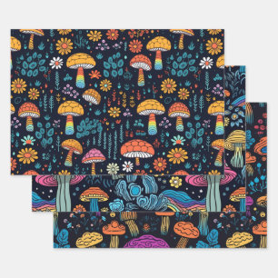 Vintage 70s Retro Hippie Style Mushroom Boho Set 3 Wrapping Paper Sheet