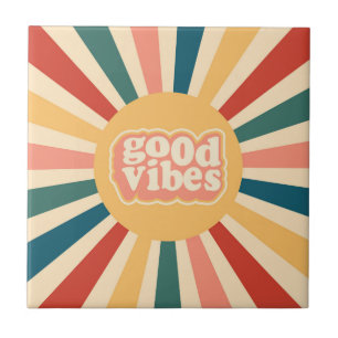 Vintage 70s Retro Sunburst Good Vibes Tile