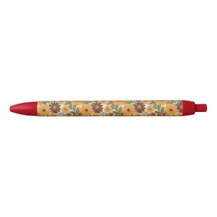 vintage 70s styled floral/flower black ink pen