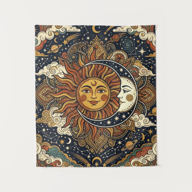 Vintage 70s Sun and Moon Celestial Tapestry (Front)