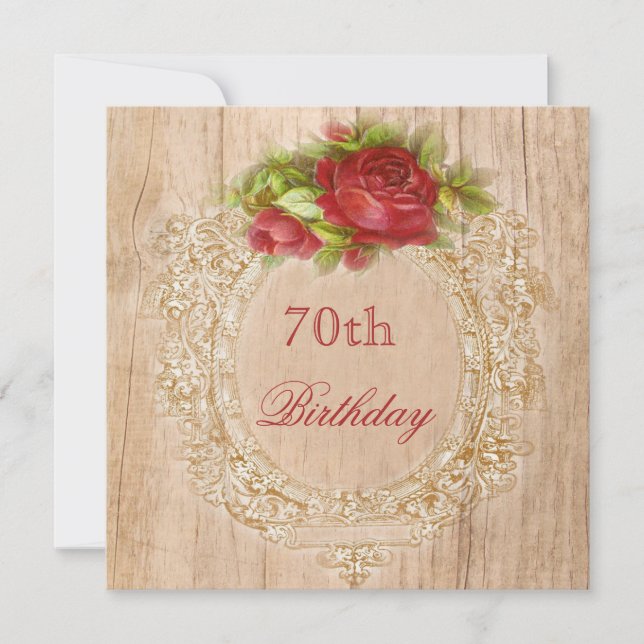 Vintage 70th Birthday Red Rose Wooden Frame Invitation (Front)