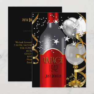 Vintage 70th Birthday Red Wine Black Gold Silver Invitation
