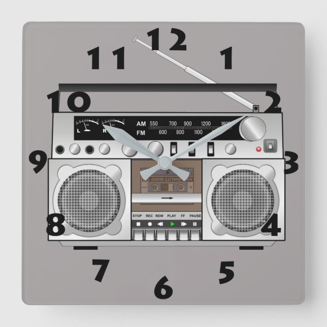 VINTAGE 80's CLASSIC RADIO TAPE PLAYER  Square Wall Clock (Front)
