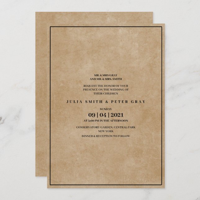 Vintage 80's Style Simple Brown paper Wedding Invitation (Front/Back)