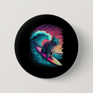 Vintage 80s Vaporwave Synthwave Retro Surfing Cat 6 Cm Round Badge
