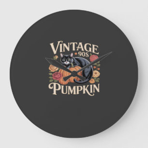 Vintage 90s Cat Pumpkin Halloween Retro Floral Spo Large Clock