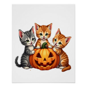 Vintage 90s Cat Pumpkin Halloween Retro Floral Spo Poster