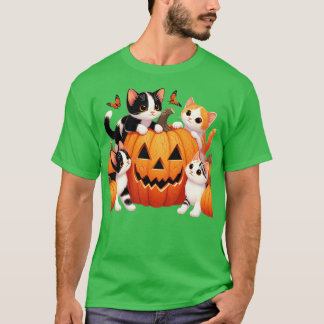 Vintage 90s Cat Pumpkin Halloween Retro Floral Spo T-Shirt