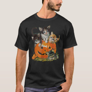 Vintage 90s Cat Pumpkin Halloween Retro Floral Spo T-Shirt