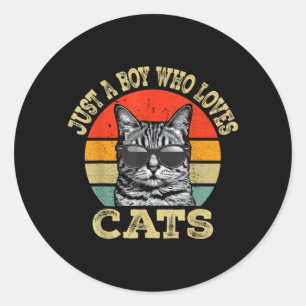 Vintage A Boy Who Loves Cats Boy Kid Cat Lover for Classic Round Sticker