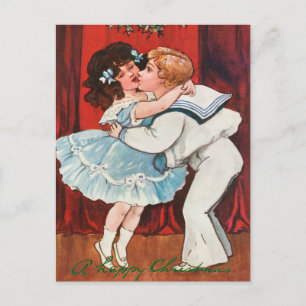 Vintage A Happy Christmas Boy Kiss Girl Love Holiday Postcard