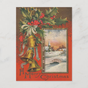 Vintage "A Merry Christmas" Bells Winter Village Holiday Postcard