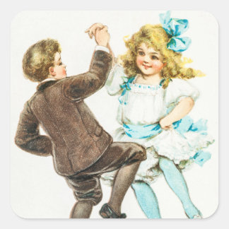 Vintage A Merry Christmas Boy and Girl Dance Square Sticker