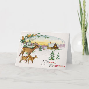 Vintage A Merry Christmas Deer and House in Snow Holiday Card