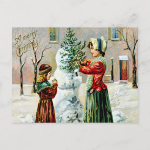 Vintage A Merry Christmas Mother and Daughter Holiday Postcard