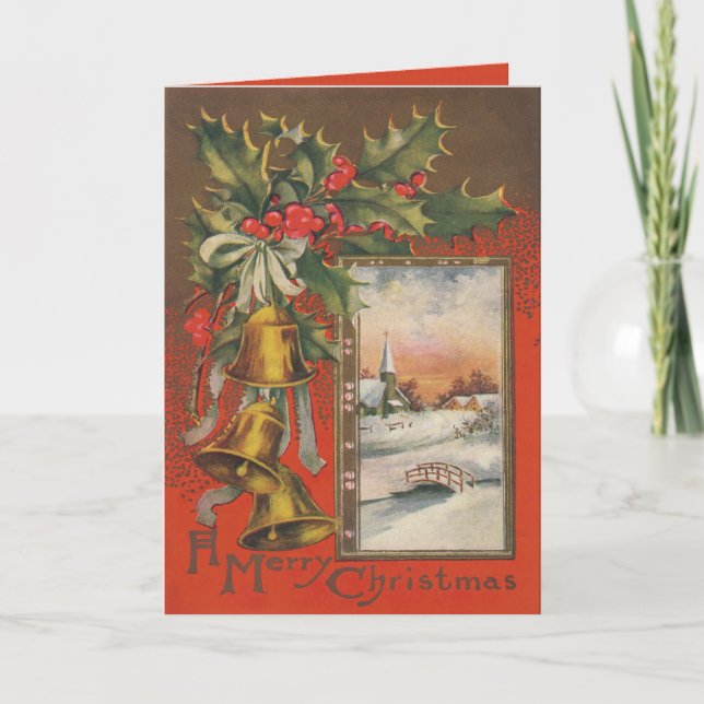 Vintage "A Merry Christmas" Winter Village Holiday Card (Front)