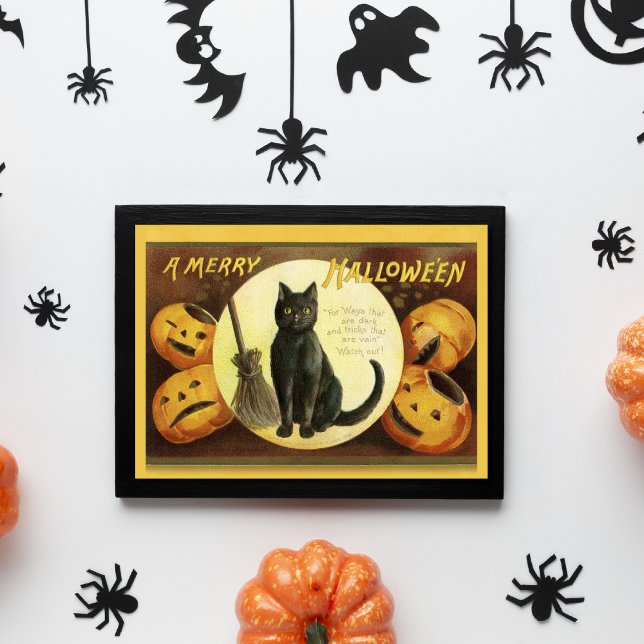 Vintage A Merry Halloween Black Cat Broom Card (Creator Uploaded)