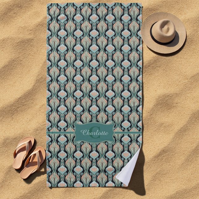 Vintage Abstract Botanical Monogram Floral Pattern Beach Towel (Creator Uploaded)