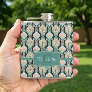 Vintage Abstract Botanical Monogram Floral Pattern Hip Flask
