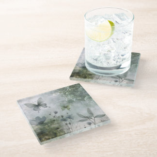 Vintage Abstract Butterflies Flowers Design 401 Glass Coaster