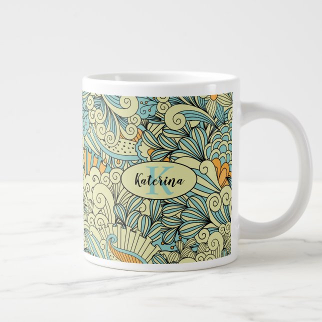 Vintage Abstract  Floral Monogrammed Large Coffee Mug (Right)