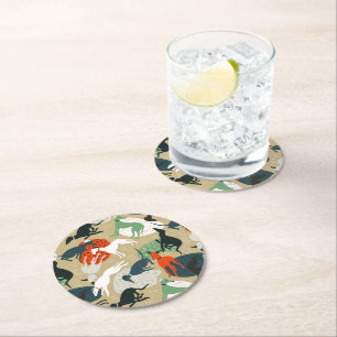 Vintage Abstract Hunting Dogs Round Paper Coaster