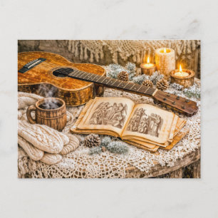 Vintage Acoustic Guitar with Candles and Cosy Wint Postcard