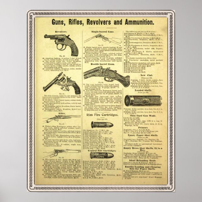 Vintage ad guns, rifles, revolvers and ammunition poster (Front)