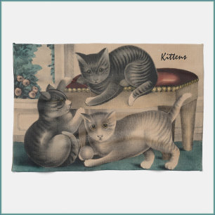 Vintage Adorable Kittens Lithograph Tea Towel
