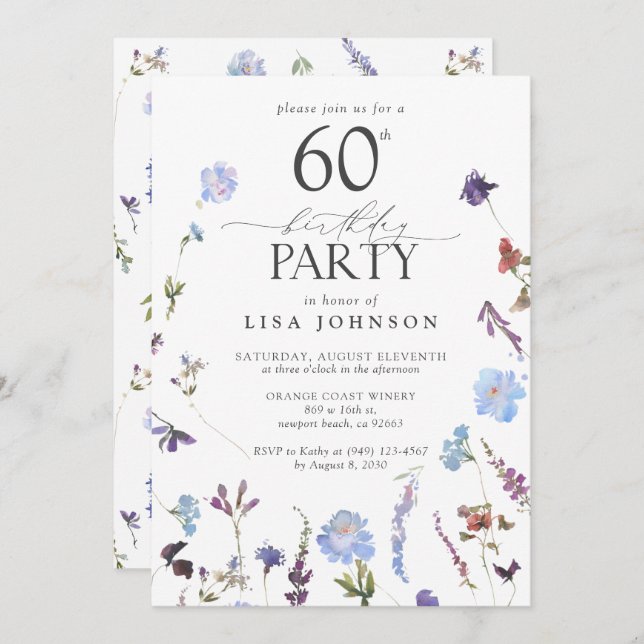 Vintage Adult 60th Birthday Party Blue Wildflowers Invitation (Front/Back)