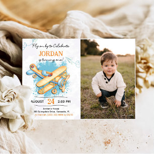 Vintage Aeroplane 1st Birthday Party Photo Invitation